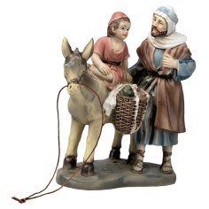 Father with child on donkey in resin 10 cm for Mondo nativity scene