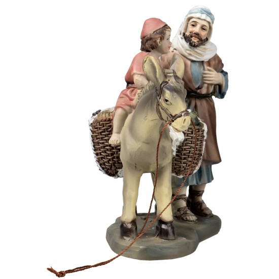 Father with child on donkey in resin 10 cm for Mondo nativity scene