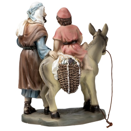 Padre con bimbo sull'asino in resina 10 cm per presepe Mondo