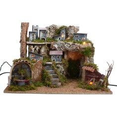 Presepe con statue Landi illuminata con fontana funzionante cm