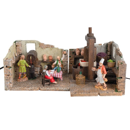 Nativity scene cellar with working wine press and pump -