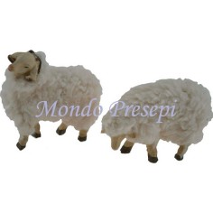 Conjunto de 2 ovejas de resina con lana para estatuas de 10 cm Mondo Presepi.