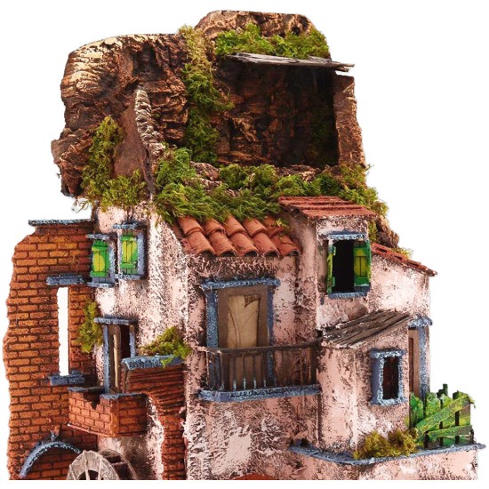 Borgo illuminato con mulino funzionante cm 40x40x65 h per