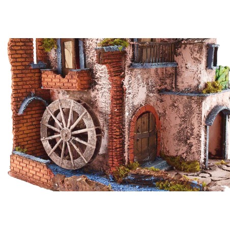 Borgo illuminato con mulino funzionante cm 40x40x65 h per