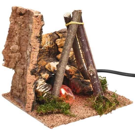 Bivacco con fuoco funzionante cm 14x14x14,5 h per presepe Mondo
