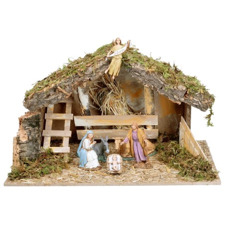 Cabaña con pesebre y escalera lateral completa de estatuas