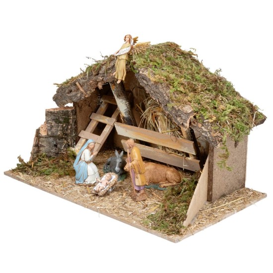 Cabaña con pesebre y escalera lateral completa de estatuas