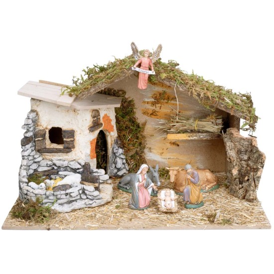 Capanna con struttura in resina completa di statue Landi cm 40x23x23,5 h