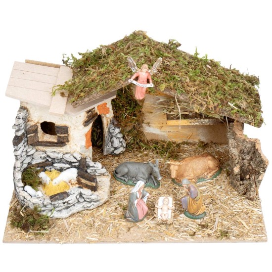 Capanna con struttura in resina completa di statue Landi cm 40x23x23,5 h