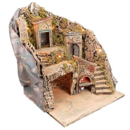 Presepe illuminato con forno funzionante a corrente cm 33x29x37