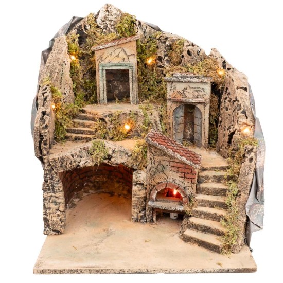 Presepe illuminato con forno funzionante a corrente cm 33x29x37