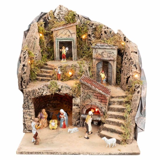 Pesebre iluminado con horno funcional completo con estatuas