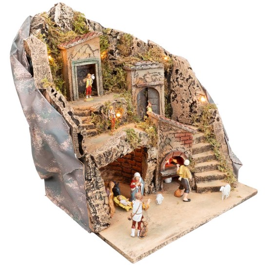 Presepe illuminato con forno funzionante completo di statue