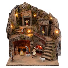 Illuminated nativity scene with working oven complete with 2
