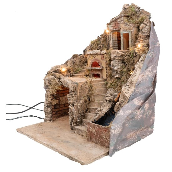 Presepe illuminato con forno e ruscello funzionante a corrente cm 35x30x44,5 h
