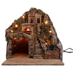 Presepe illuminato con forno e ruscello funzionante a corrente cm 35x30x44,5 h 2