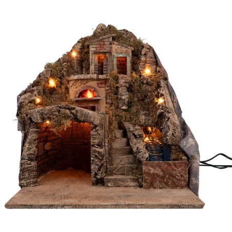 Presepe illuminato con forno e ruscello funzionante a corrente cm 35x30x44,5 h
