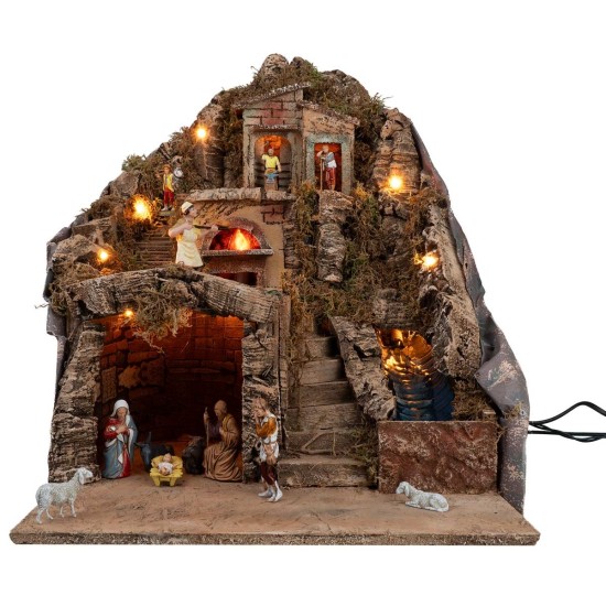 Illuminated nativity scene with oven and working stream complete with