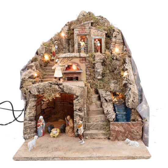 Presepe illuminato con forno e ruscello funzionante completa di