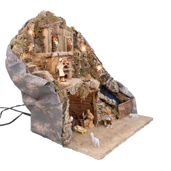 Illuminated nativity scene with oven and working stream complete with
