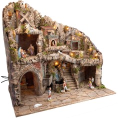 Presepe illuminato con statue, ruscello, forno e 2