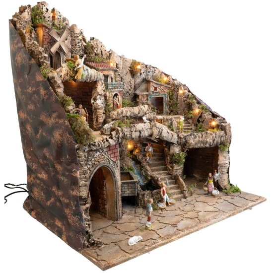 Presepe illuminato con statue, ruscello, forno e mulino a vento
