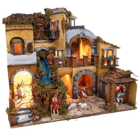 Pesebre con pueblo iluminado con cascada de 60x40x54 cm