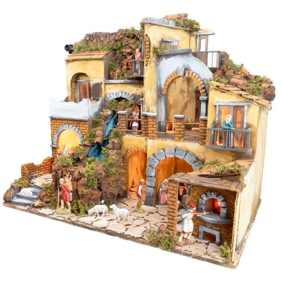 Nativity scene with illuminated village and waterfall 60x40