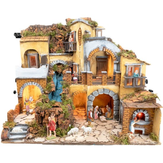 Pesebre con aldea iluminada con cascada 60x40