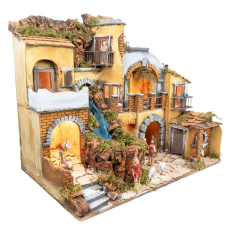 Pesebre con aldea iluminada con cascada 60x40