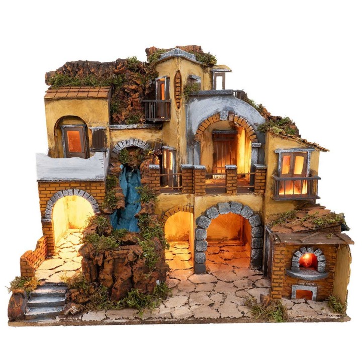 Belén con pueblo iluminado con cascada 60x40
