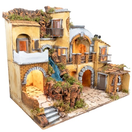 Nativity scene with illuminated village with waterfall 60x40