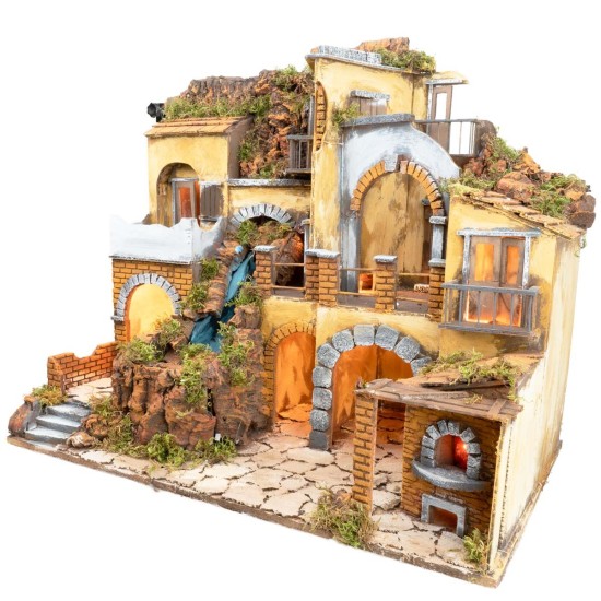 Nativity scene with illuminated village with waterfall 60x40