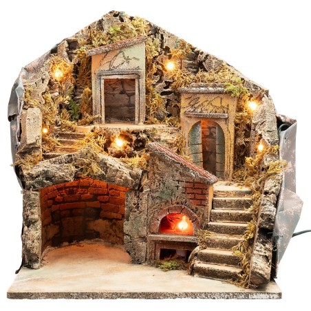 Presepe illuminato con forno funzionante a corrente cm 33x29x37