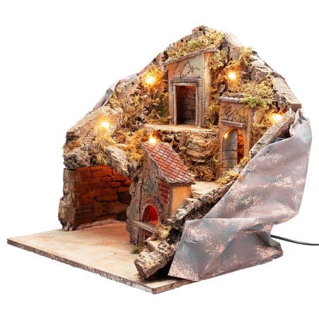 Presepe illuminato con forno funzionante a corrente cm 33x29x37