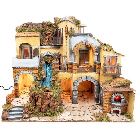 Pesebre con aldea iluminada con cascada 60x40