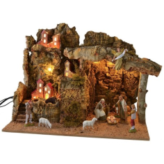 Presepe illuminato con mulino ad acqua funzionante completo di statue Landi cm 45x31x33,5 h