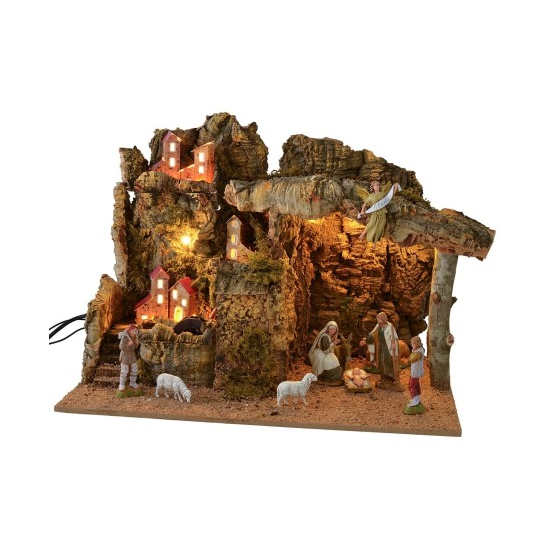Presepe illuminato con mulino ad acqua funzionante completo di statue Landi cm 45x31x33,5 h