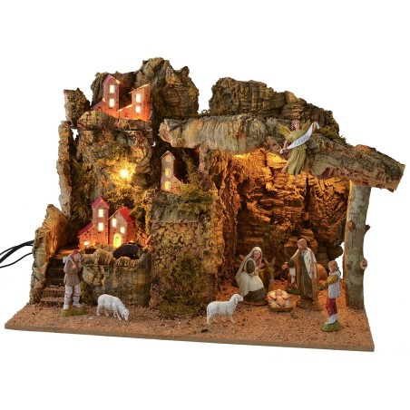 Presepe illuminato con mulino ad acqua funzionante completo di statue Landi cm 45x31x33,5 h