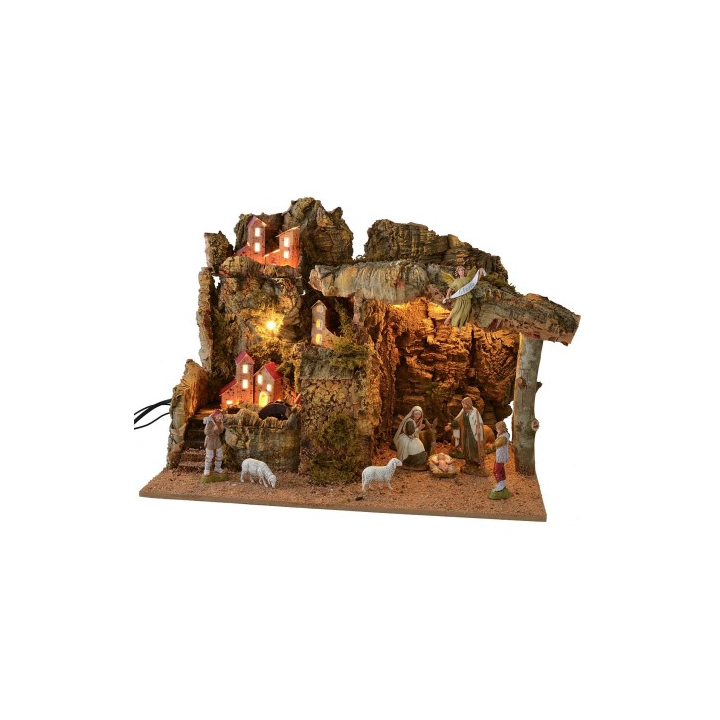 Illuminated nativity scene with working water mill complete with