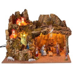 Nativity scene complete with statues with lights