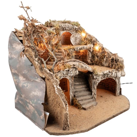 Illuminated Easter nativity scene with multiple levels cm