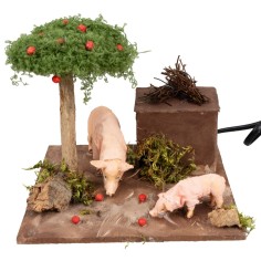 Cerdos con doble movimiento y árbol de manzanas para belén cm