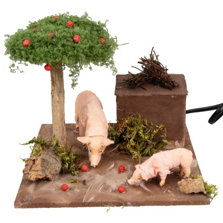 Maiali con doppio movimento e albero di mele per presepe cm