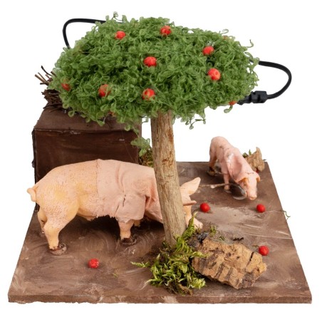 Cerdos con doble movimiento y árbol de manzanas para belén cm