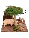 Maiali con doppio movimento e albero di mele per presepe cm