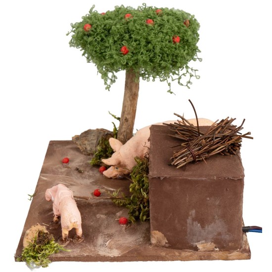 Cerdos con doble movimiento y árbol de manzanas para belén cm