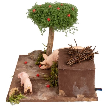 Cerdos con doble movimiento y árbol de manzanas para belén cm