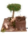 Cerdos con doble movimiento y árbol de manzanas para belén cm