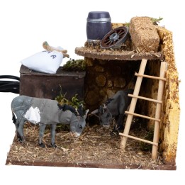 Stable with two donkeys with double movement for nativity scene